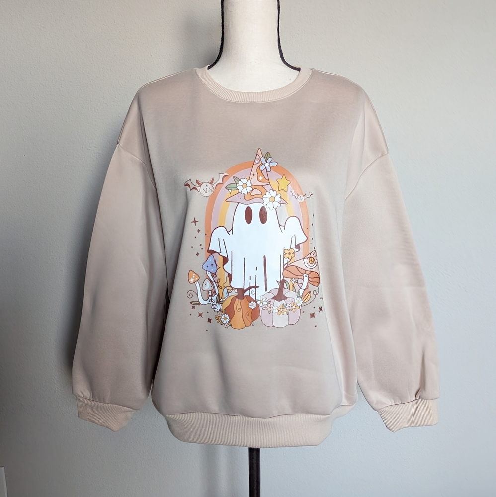 Tan Halloween hippie ghost fleece lined crewneck sweater size M